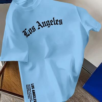 TEMU 1pc Men's Casual Polyester T-shirt With Geometric Los Angeles Print, Round Neck, Stretch Fabric, Regular Fit For Summer Image