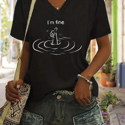 "TEMU Women's Casual V-neck T-shirt With "" Graphic Design - Short Sleeve, , Relaxed Fit Tee, Shorts Companion, Casual Attire|graphic Tee|short Sleeve Shirt" Image