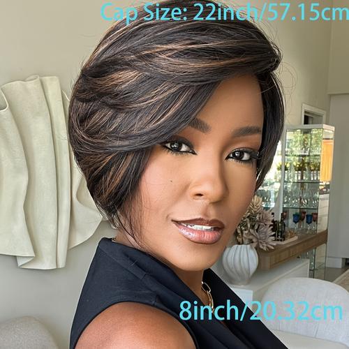 TEMU Perruque Courte en Cheveux Humains Coupe pour Femme - de 180%, Blondes Droites de 20 cm sur Noir, Bonnet en Filet Rose, Entièrement à , Parfaite pour et le Cosplay, Perruque Courte