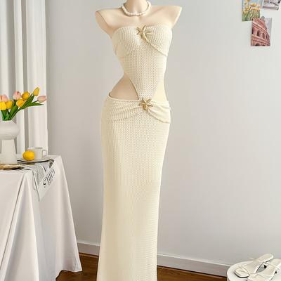TEMU Elegant White High-waisted Mermaid Dress With Metal Shell Decorations - Beach And , Elegant Adult Fashion | Metallic Accent Dress | Ruched Detailing Image