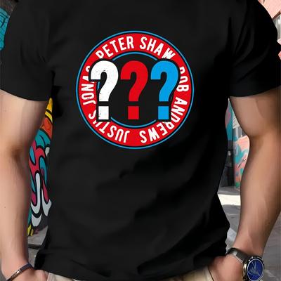 TEMU Peter Shaw Men's Graphic T-shirt - 100% Cotton Breathable Short Sleeve Tee With Geometric Design, Regular Fit Casual Shirt For Casual Attire, Machine Washable, Urban Streetwear Image