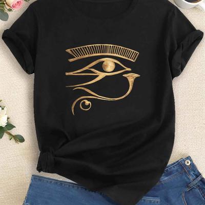 TEMU Women's Eye Of Horus Print T-shirt - Golden On Dark Background, Short Sleeve Crew Neck Casual Top, Medium Stretch Regular Fit, Machine Washable , Tee Image