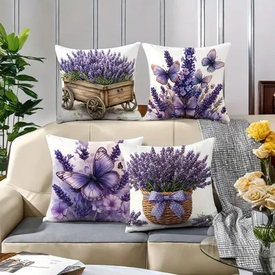 4 Stück Kissenbezüge mit natürlichem Thema und lila Lavendel-Kissenbezug, geeignet für Zuhause, Sofa, Dekokissenbezug, 45 x 45 cm, Dekorationszubehör Image