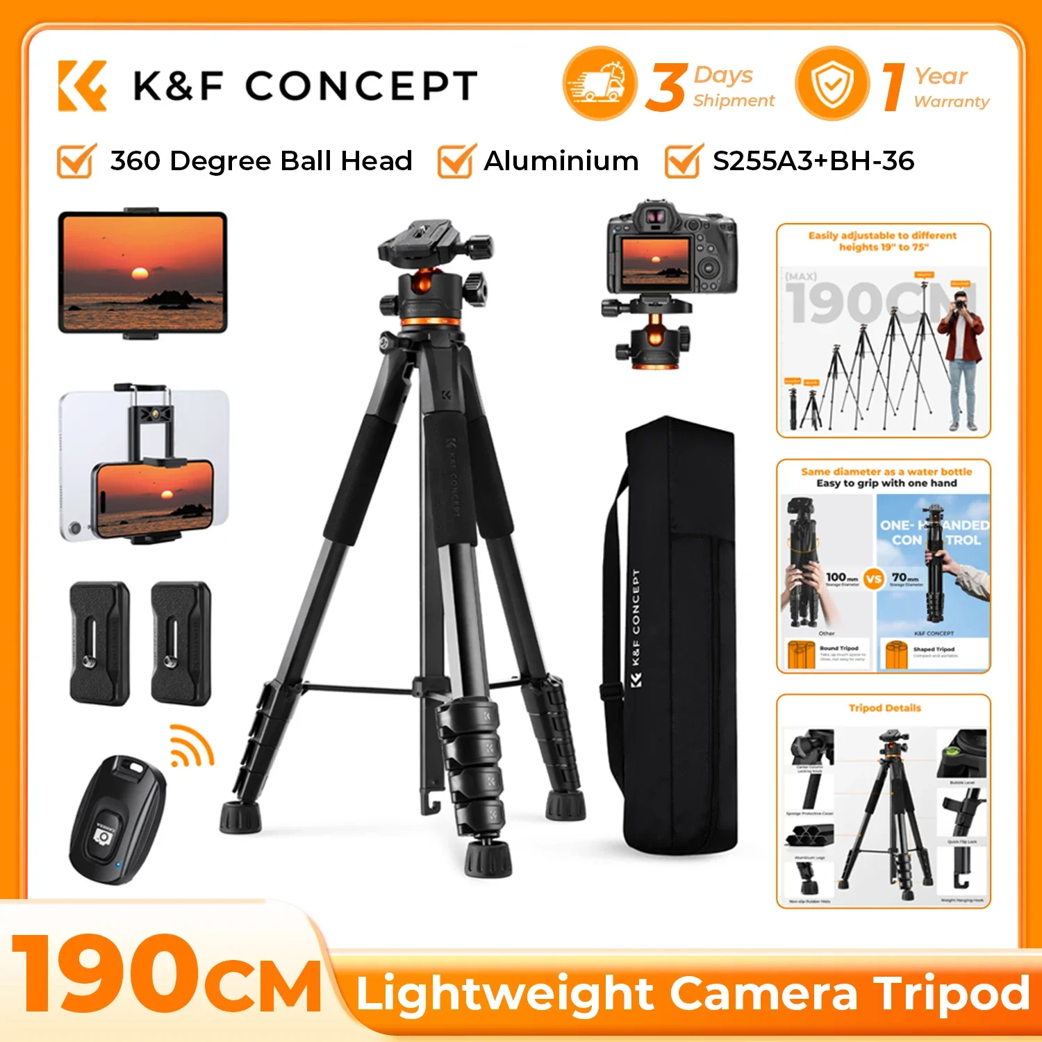 K&F CONCEPT 75 Zoll/190 cm Kamerastativ, leichtes Reise- und Outdoor-Stativ für DSLR-Kameras, Handyhalterung und Fernbedienung für Smartphones Image