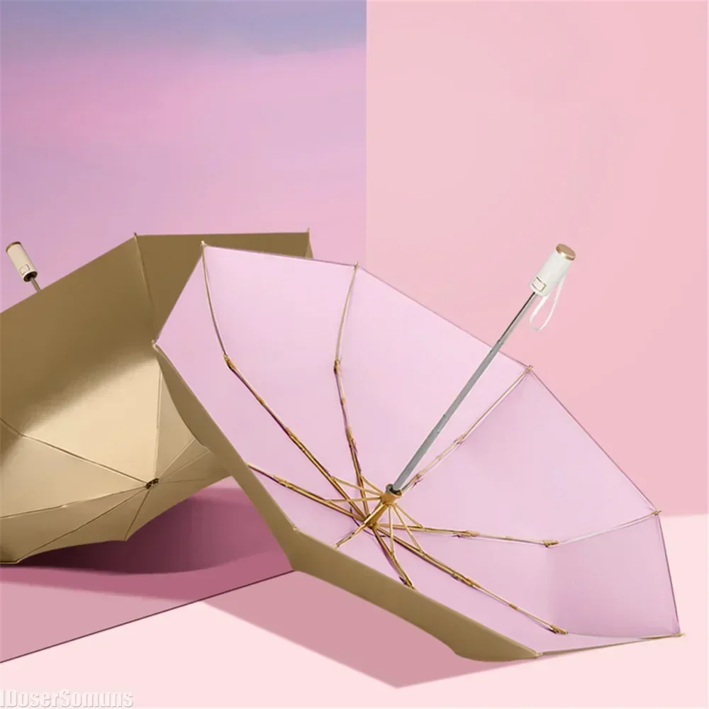 Einfarbiger, winddichter, automatischer Regenschirm, neuer einfacher UV-Schirmschutz, 3-fach faltbarer Sonnenschirm, wasserdicht, 8-Knochen-Goldkleber, Sonne Image