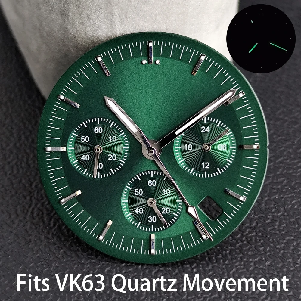 32,5 mm Durchmesser, hochwertiges Zifferblatt, grün leuchtend, passend für VK63-Uhrwerk, Zubehör, Uhrenteile für Armbanduhren, steriles Zifferblatt Image