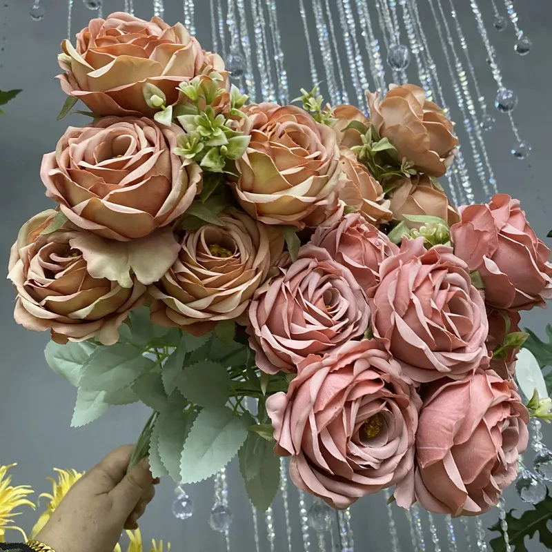 9-köpfige beschichtete Rose, europäische künstliche Blume, Zuhause, Hochzeit, Rose, Hochzeit, Hotel, Straßenhalsband, Blumenstrauß, künstliche Blume Image
