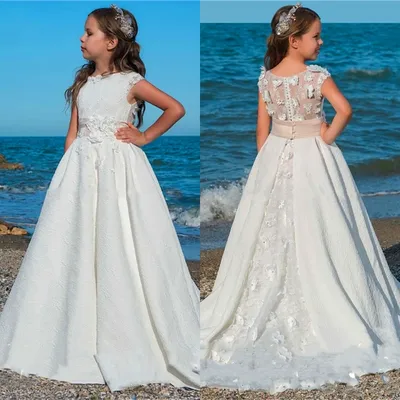 Blumenmädchenkleid, elegant, weiß, kleine Prinzessin, Ball, Festzug, ärmellos, Tüll, Spitze, Druck, Image