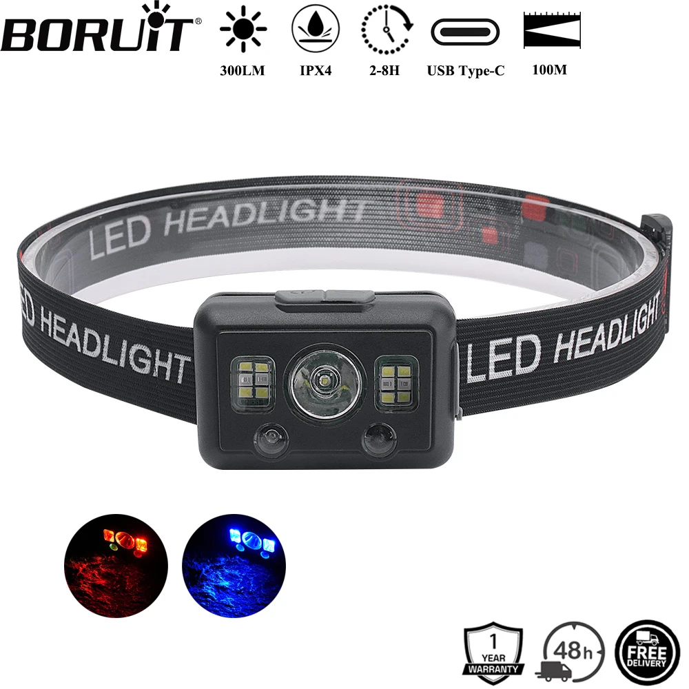 BORUiT 300LM Bewegungsmelder LED-Stirnlampe Typ C wiederaufladbar 1200 mAh Scheinwerfer wasserdicht Camping Wandern Stirnlampe Image