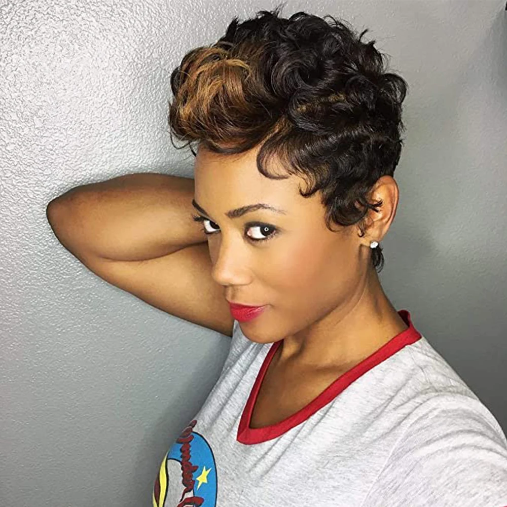 10-Zoll-synthetische schwarze gemischte mit braunen natürlichen Perücken für Frauen, kurze lockige Perücke, tägliche Party, Halloween, hitzebeständiges Haar