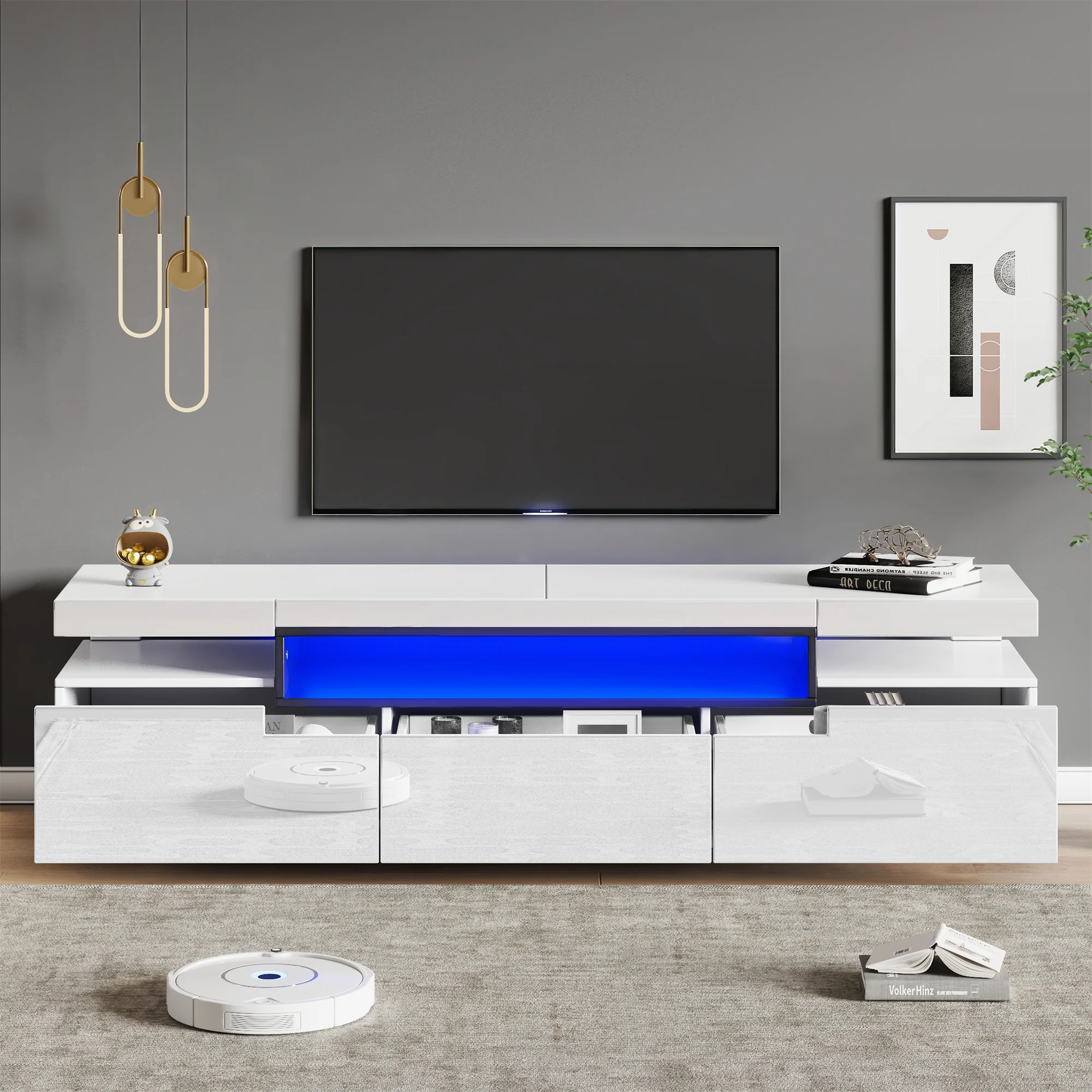 TV-Schrank TV-Lowboard mit LED-Beleuchtung, 160x39x42cm, Hochglanz-Hängeschrank Inklusive 3 Schubladen für Wohnzimmer, weiß Image