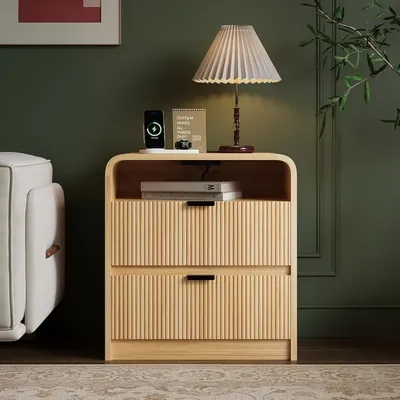 24" Fluted Nightstand with Charging Station, Wooden End Table with 2 Drawers Storage, Curved Profile Design, Modern Bedside Cabi