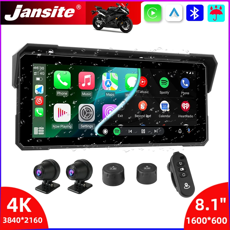 Jansite Tragbarer 8,1 Zoll IP67 Wasserdichter Motorrad 4K DVR GPS-Navigation Drahtloses Carplay Android Auto Moto Recorder Monitor Image
