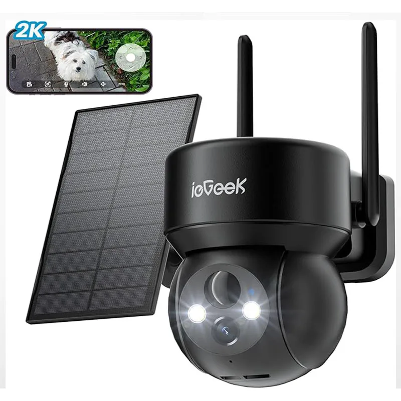 IeGeek 360 o 2K Telecamera di sicurezza solare wireless esterna con batteria ricaricabile da 5200 mAh, sistemi di telecamere CCTV wifi con batteria PTZ