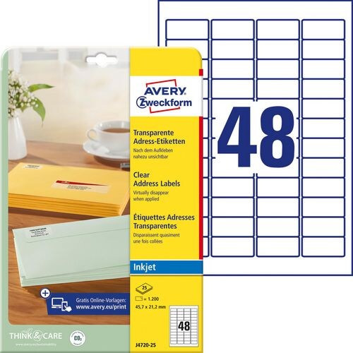 AVERY Zweckform Abziehhilfe QuickPEEL Adressetiketten J4720-25 Selbsthaftend DIN A4 Transparent 45,7 x 21,2 mm 25 Blatt à 48 Etiketten Image