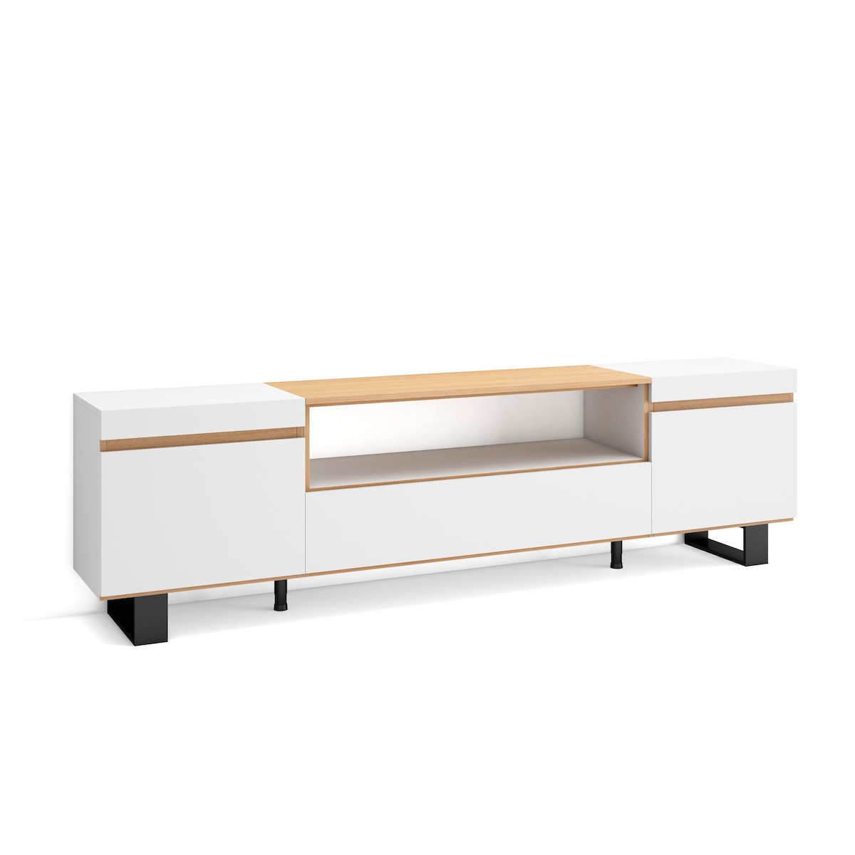 SKRAUT HOME TV-Schrank, Lowboard, 200x57x35cm, Für TV-Geräte bis zu 80", Industriedesign, Weiß und Eiche Soft Image
