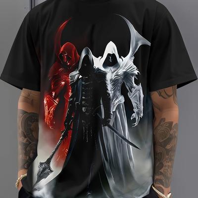 TEMU Men's 3d Reaper Graphic T-shirt - Comfortable Polyester, Round Neck, Short Sleeve, Casual Summer Wear With Intricate Dark And , Outdoor Tshirt| Casualwear|smooth Texture Image