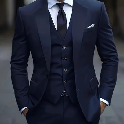 TEMU 3pcs Elegant Men's Suit Set - Single-breasted Jacket, Vest, And Trousers - Professional Casual, Date Outfit, Workwear, Groomsmen Attire, Party Wear Image