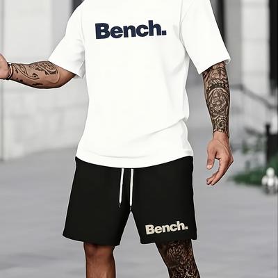 TEMU Men's Casual Round Neck Short Sleeve T-shirt - Summer Collection, With Bench Print, Lightweight Breathable Fabric, Suitable For Casual Attire Image