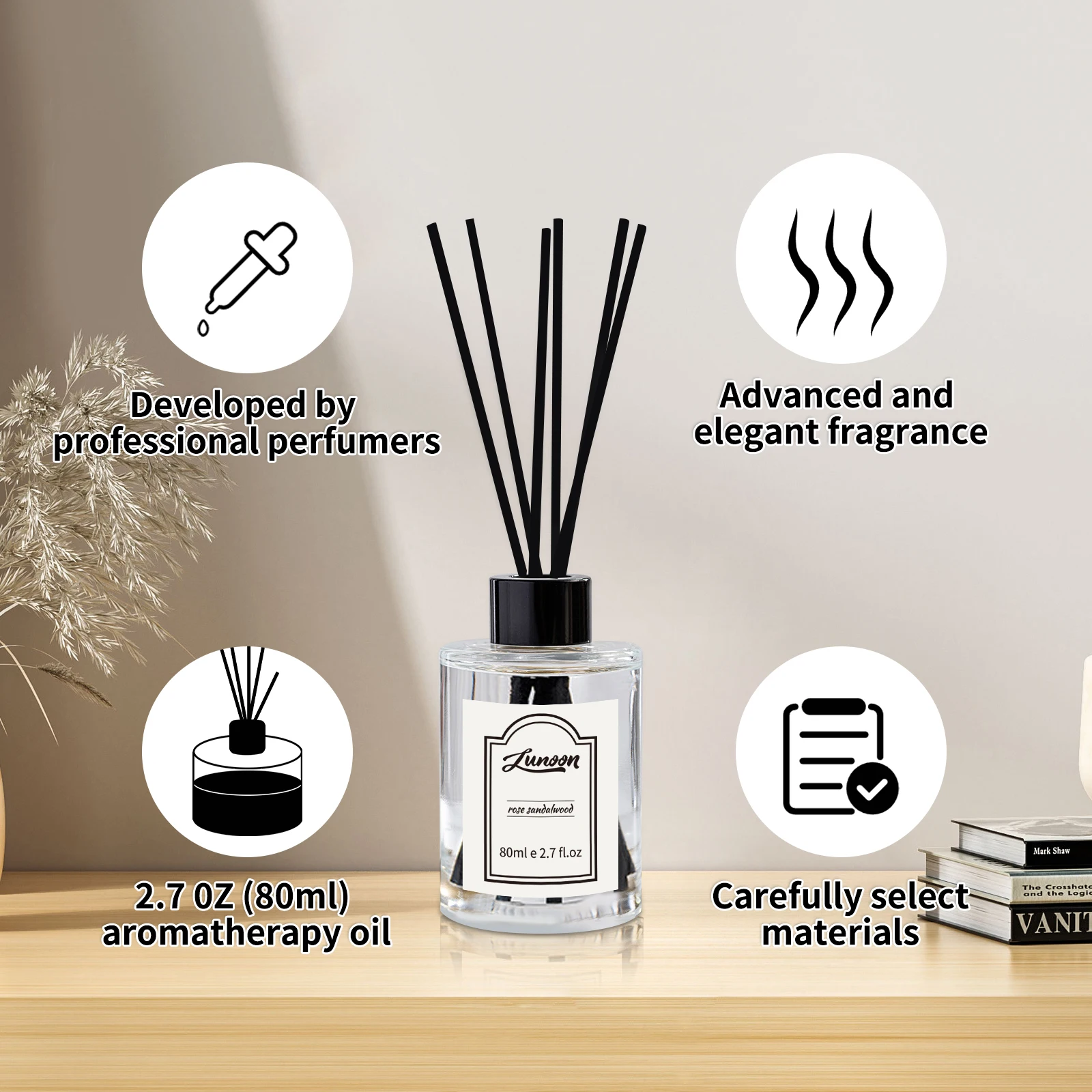 LUNOON 80 ml luxuriöses, flammenfreies Duftöl mit Rosen- und Sandelholz-Aromatherapie für das Schlafzimmer zu Hause, im Büro | Langlebiger, eleganter Duft