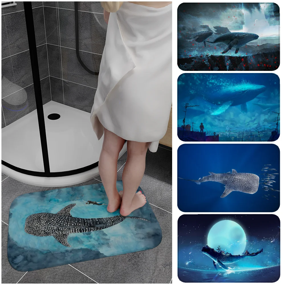 Ozean Wal Hai Schwimmen Boden Teppich Anti-rutsch Absorbieren Wasser Lange Streifen Kissen Schlafzimmer Matte Willkommen Teppich Image