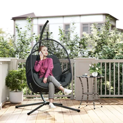 Outsunny Hanging Egg Chair, Swing Hammock Chair with Stand, Cushions, Lumbar Pillow, Steel Frame, Dark Grey