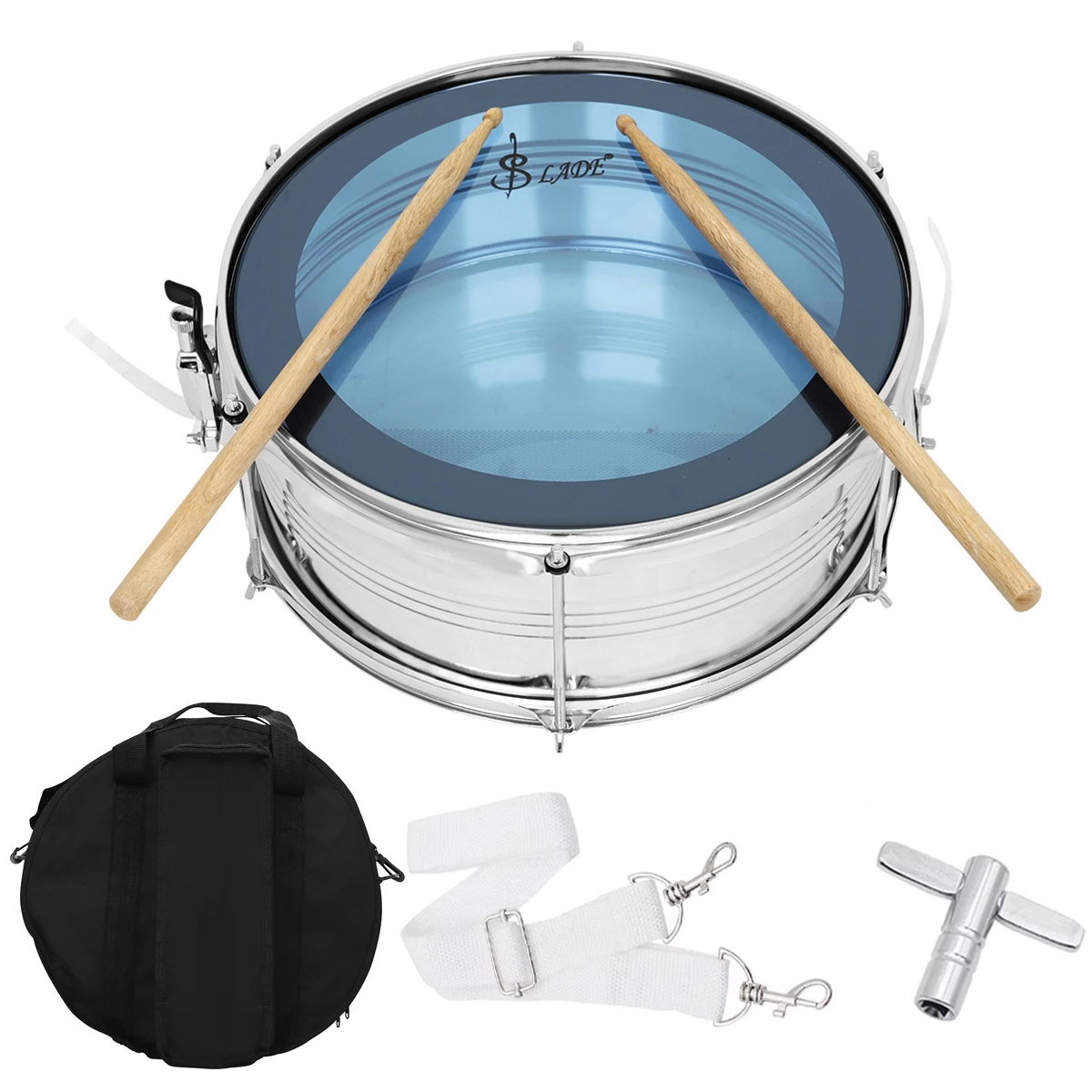 SLADE 14-Zoll-blaues Snare-Drum-Set mit Trommelstöcken, Schultergurt, Trommel-Schlüsseltasche für Studenten, Anfänger, Schlaginstrument Image