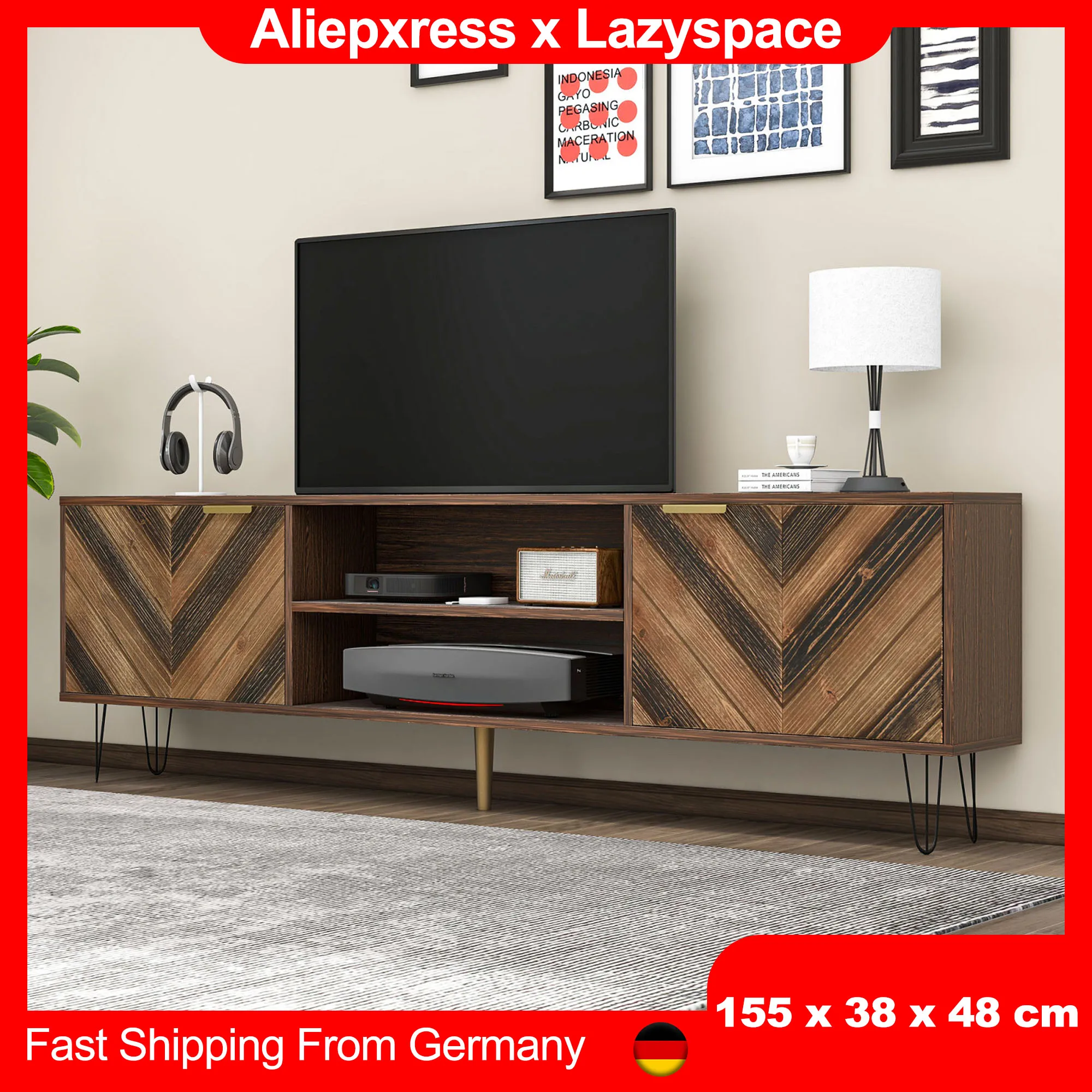 Lazyspace Elegantes TV-Lowboard mit Holzfurnier, TV-Schrank mit 2 Türen, goldenen Griffen und Eisenfüßen, TV-Ständer aus Holz