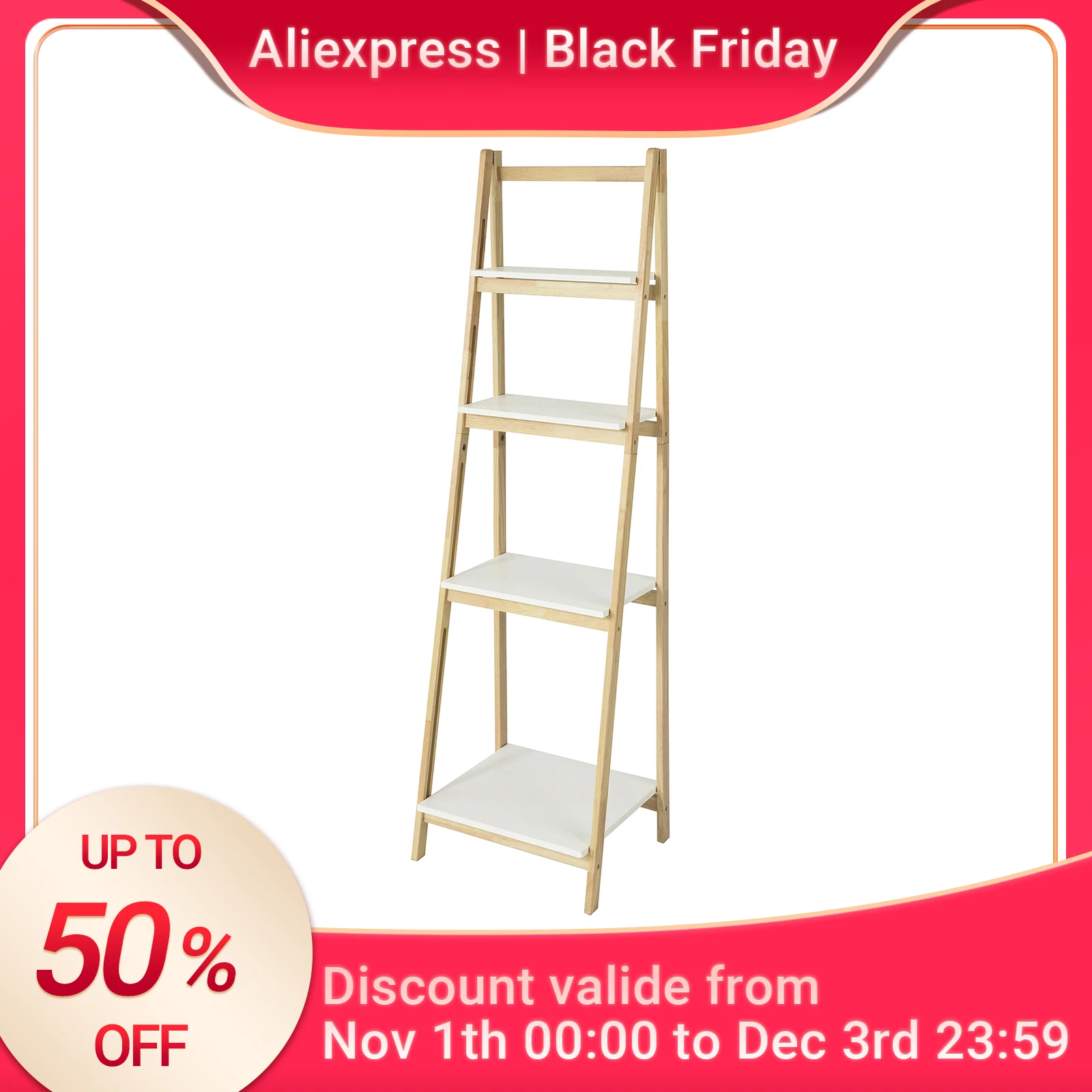 SoBuy FRG162-N Leiterregal klappbar Standregal Bücherregal mit 4 Böden Kautschukholz und MDF BHT: 42x140x34cm