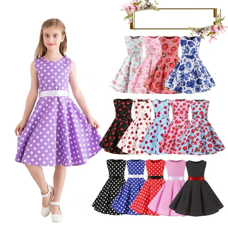 Robe trapèze Vintage à pois pour enfants des années 1950, robe mi-longue à fleurs, en coton, robe d'été pour bébé fille