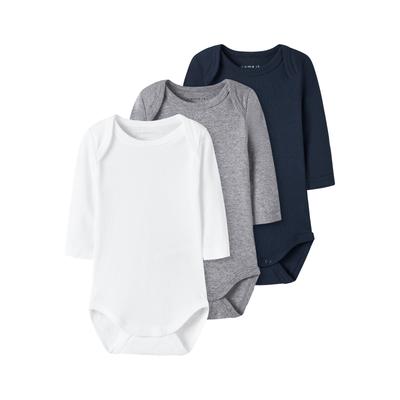 Body NAME IT "NBNBODY 3P LS SOLID NOOS", Baby, Gr. 62, N-Gr, schwarz sapphire pack:w, grau melange, hellweiß, Sweatware, Obermaterial: 100% Baumwolle, meliert, casual, regular fit, Rundhals, Langarm, Bodies Image