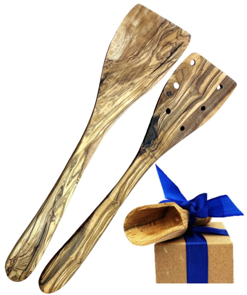 Kochbesteck-Set OLIVENHOLZ-ERLEBEN "1x Pfannenwender (ohne Löcher) und 1x Pfannenwender (mit Löchern)", braun, Massivholz, Kochbesteck-Sets, aus Olivenholz, hitzebeständig und schonend zu Pfannen Image