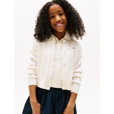 Strickjacke TOMMY HILFIGER "POINTELLE CARDIGAN LS", Mädchen, Gr. 7 (122), weiß (ivory petal), Strick, Obermaterial: 100% Baumwolle, unifarben, casual, regular fit hüftlang, Rundhals, Langarm Bündchen, Strickjacken, für Kinder bis 16 Jahre, mit süßem... Image