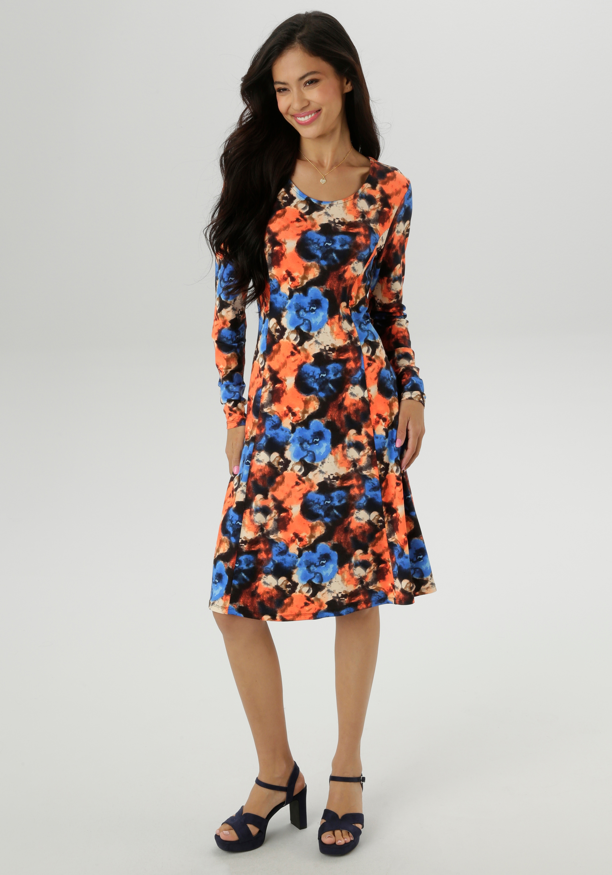 Jerseykleid ANISTON SELECTED, Damen, Gr. 48, N-Gr, schwarz (orange, schwarz, beige, royalblau, apricot, hellblau, mocca), Single Jersey, Obermaterial: 95% Viskose, 5% Elasthan, bedruckt, geblümt, gemustert, figurumspielend knieumspielend, Rundhals,...