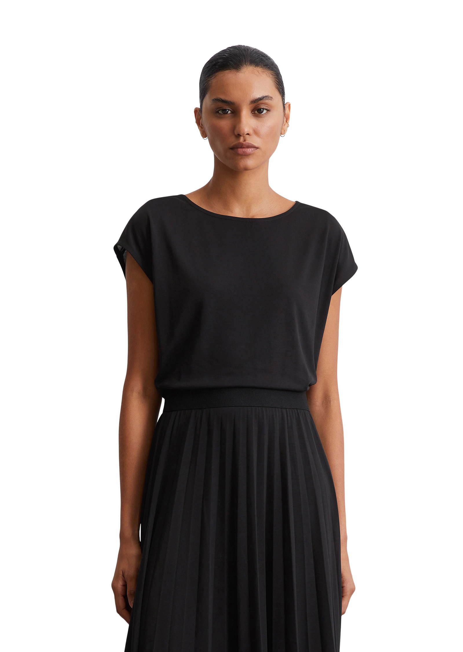 Jerseykleid MARC O'POLO "und plissiertem Rock", Damen, Gr. L, Normalgrößen, schwarz, Obermaterial: 72% Lyocell, 28% Polyester; Futter: 100% Nicht verfügbar, unifarben, Rundhals, Kleider
