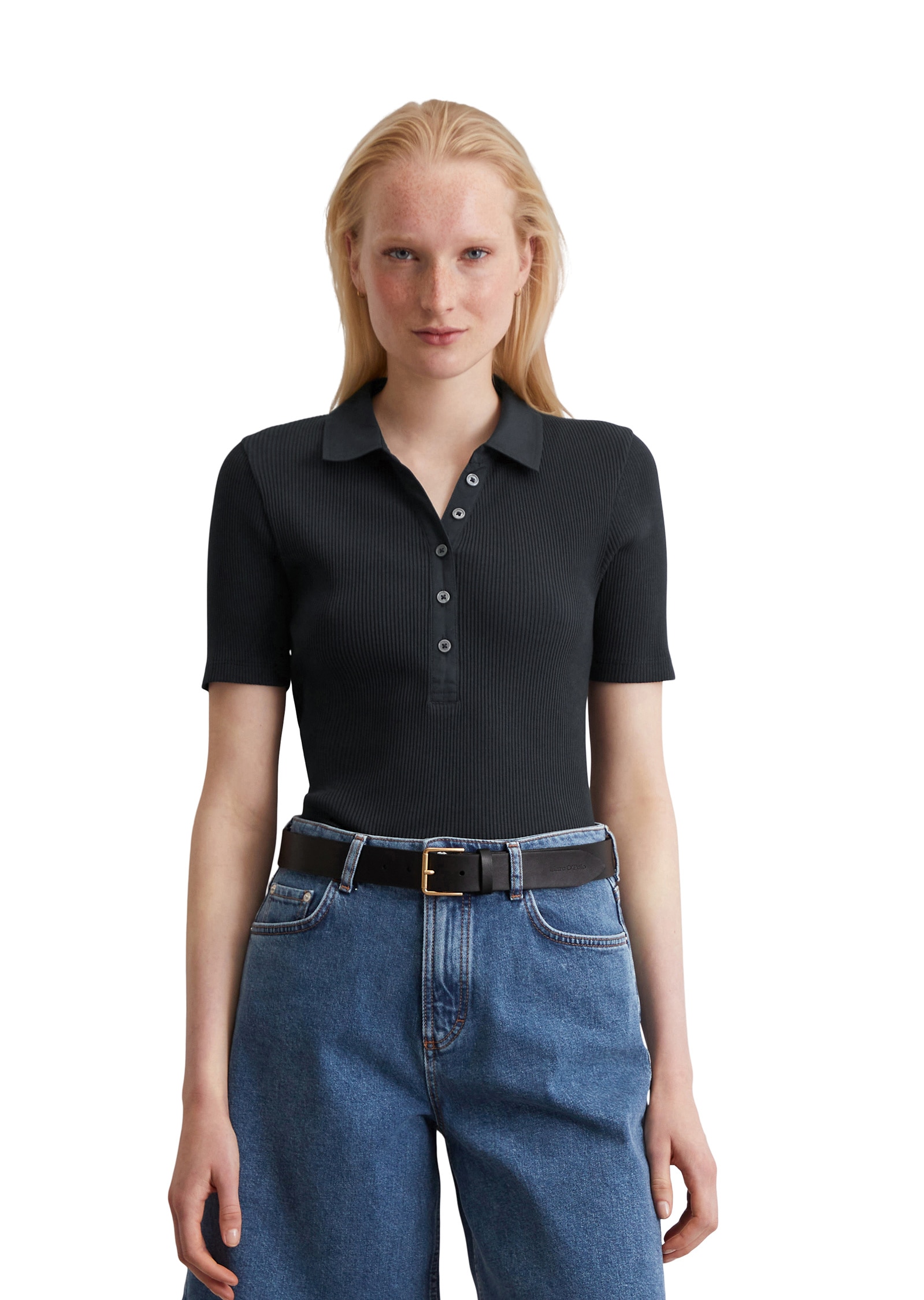 Poloshirt MARC O'POLO "aus Stretch-Jersey", Damen, Gr. XL, blau (schwarz navy), Obermaterial: 97% Baumwolle, 3% Elasthan, unifarben, slim fit, Shirts