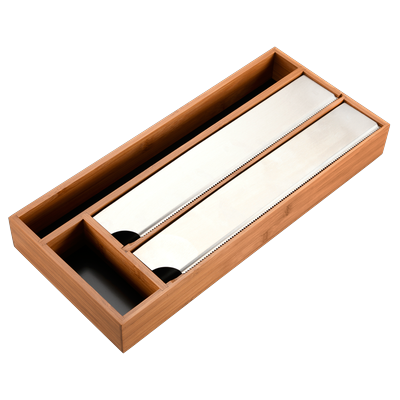 Folienspender KESPER "Schubladen-Folienspender mit praktischen Abreißkanten aus Edelstahl", braun (dunkelbraun), B:19cm H:5,4cm L:19cm T:42cm, Bambus, Küchenrollenhalter, aus FSC-zertifiziertem Bambus, mit 4 Fächern, Maße ca.: 42x19x5,4 cm Image