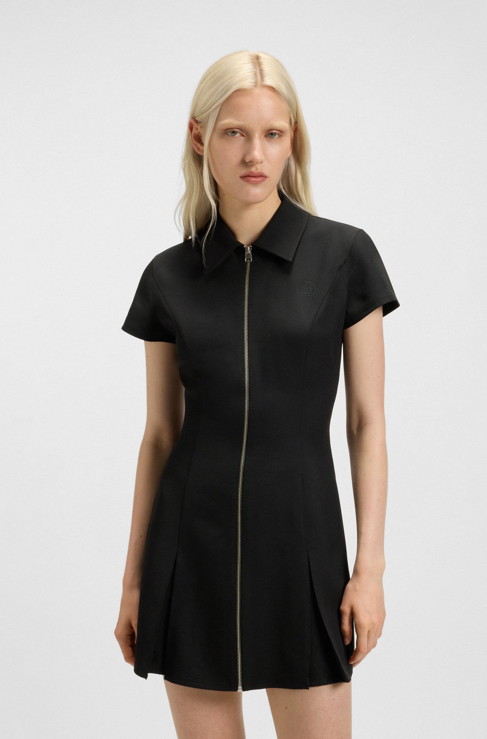 Polokleid HUGO BLUE "Kahuma", Damen, Gr. 42, N-Gr, schwarz (schwarz 001), Web, Obermaterial: 92% Polyester, 8% Elasthan, unifarben, Casual, figurbetont mini, Kleider, Rockteil mit Kellerfalten Image