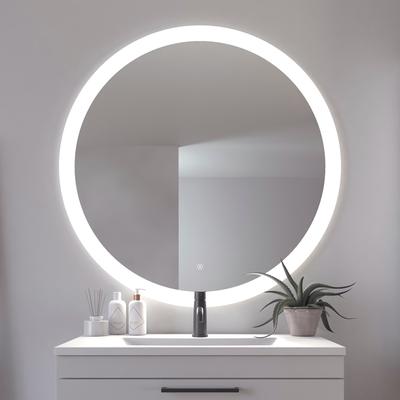 Badspiegel LOEVSCHALL "Vega Rund, Badzimmerspiegel mit LED Beleuchtung, Lichtspiegel", silber, Spiegel, T: 2,7cm Ø 100cm, Spiegelglas, Touchpanel für Lichtsteuerung, Dimmbar Spiegel, Dänisches Design, T:2,7cm Ø:100cm Image
