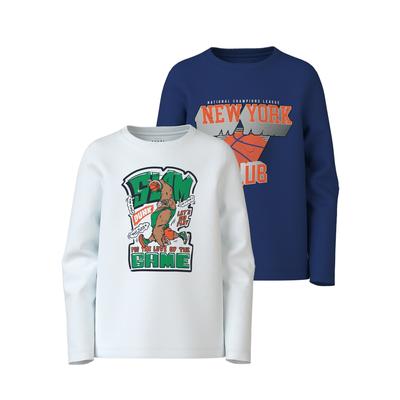 Langarmshirt NAME IT "NKMVUX 2P LS TOP", Jungen, Gr. 122/128, hellweiß pack:sodalite blau, new york basket, Jersey, Obermaterial: 95% Baumwolle, 5% Elasthan, bedruckt, casual, regular fit normal, Rundhals, Langarm, Shirts Image