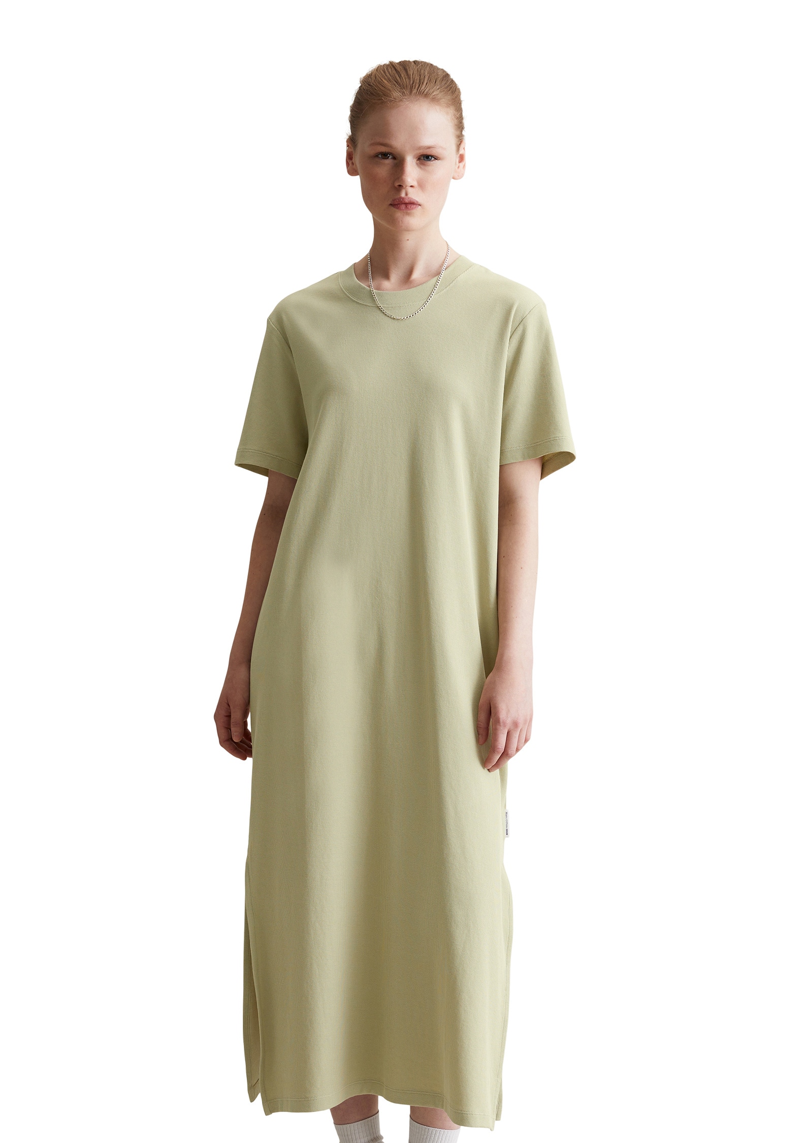 Jerseykleid MARC O'POLO DENIM "aus gerippter Bio-Baumwolle", Damen, Gr. XXS, Normalgrößen, grün (elm grün), Obermaterial: 100% Baumwolle, unifarben, relaxed fit lang, Rundhals, normaler Saum, Kleider Image
