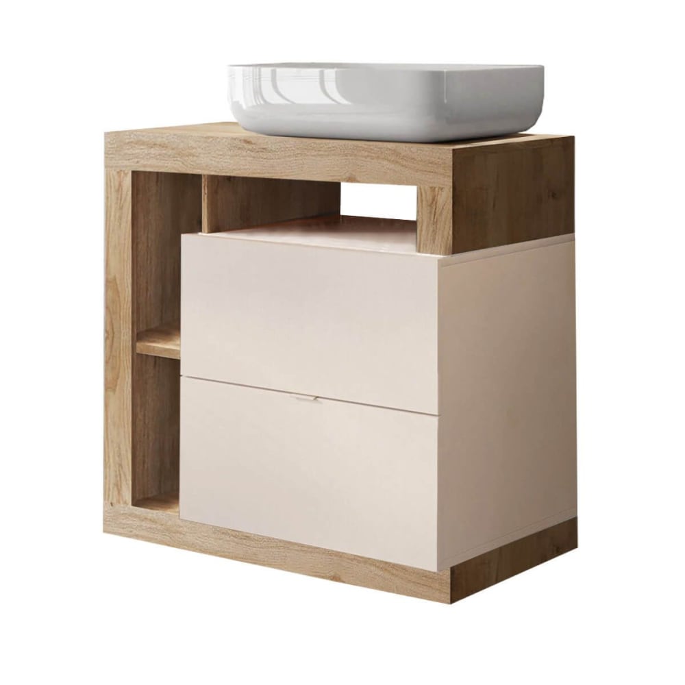 Meuble vasque 78cm 2 tiroirs beige laqué et aspect bois finition cadi