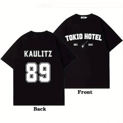 TEMU Hotel Band Graphic T-shirt For Men - 100% Cotton Casual Short Sleeve Tee With Letter Print & Number 89 Design, Plus Size Regular Fit, Machine Washable Image