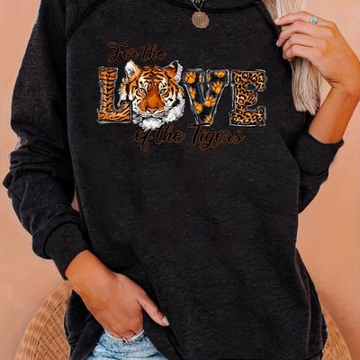 TEMU Women's Tiger Graphic Neck Sweatshirt - Casual Polyester Raglan Long Sleeve With Stretch, Animal Pattern Pullover For Spring/fall - Fashion Knit Top Image