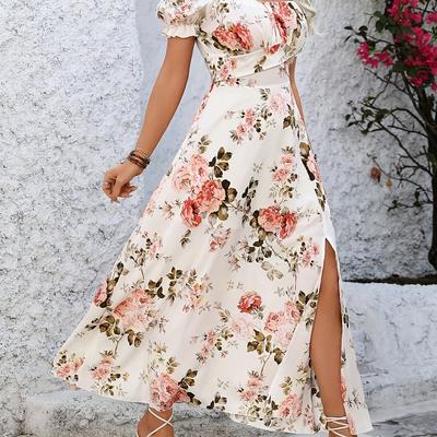TEMU Women's Off-shoulder Floral Maxi Dress With High Slit - Elegant Summer Dress In Pink And White, Adult, Adult Summer Dress | Floral Print Dress | Offshoulder Design, Floral Dress Image