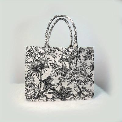 TEMU Jiomay 2025 Unisex Tiger Embroidery Tote - Chinese Style Fashion Handbag, Lightweight Spacious Underarm Commuter Bag For , Fabric With Polyester Lining, Fixed Shoulder Strap, No-closure Design Image