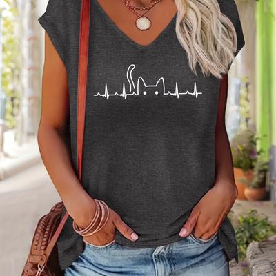 TEMU Women's Casual V-neck T-shirt With Cat Heartbeat Graphic, Short Sleeve, Spring/summer Fashion, Fabric, Regular Fit, Animal , , Vacation Clothing | Relaxed Fit Shirt | Stretchy Image