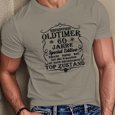 TEMU Men's 60th Birthday Anniversary T-shirt - Casual Crew Neck, Short Sleeve, Geometric Pattern, Stretch Fabric, Regular Fit Summer Top Image