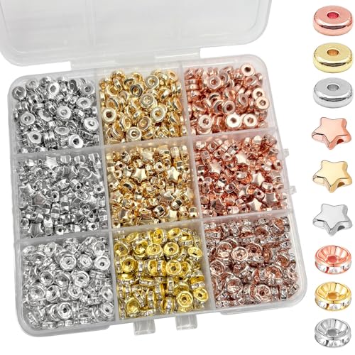 ZSFLZS 6mm Silver & Gold Flat Round Spacer Beads, Gold Beads for Bracelet Making, Haci Polymer Flat Disc Spacers for Jewelry Making, Clay Beads for Bracelets, Clay for Jewelry (Star)