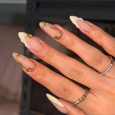 TEMU 24pcs Almond-shaped Artificial Nails Set, Luxurious And Elegant With Gilded Shimmering In A Soft Spiral Design. Suitable For All Women And S. With Nail Files And Jelly Glue For Easy Application Image